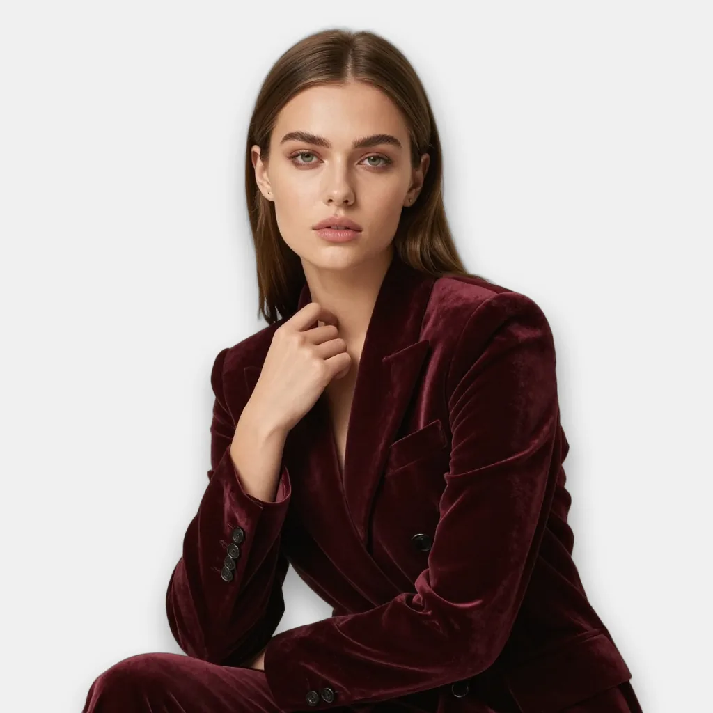 Loulou, velvet suit, on-model, an AI-generated on-model image by ImagePipeline