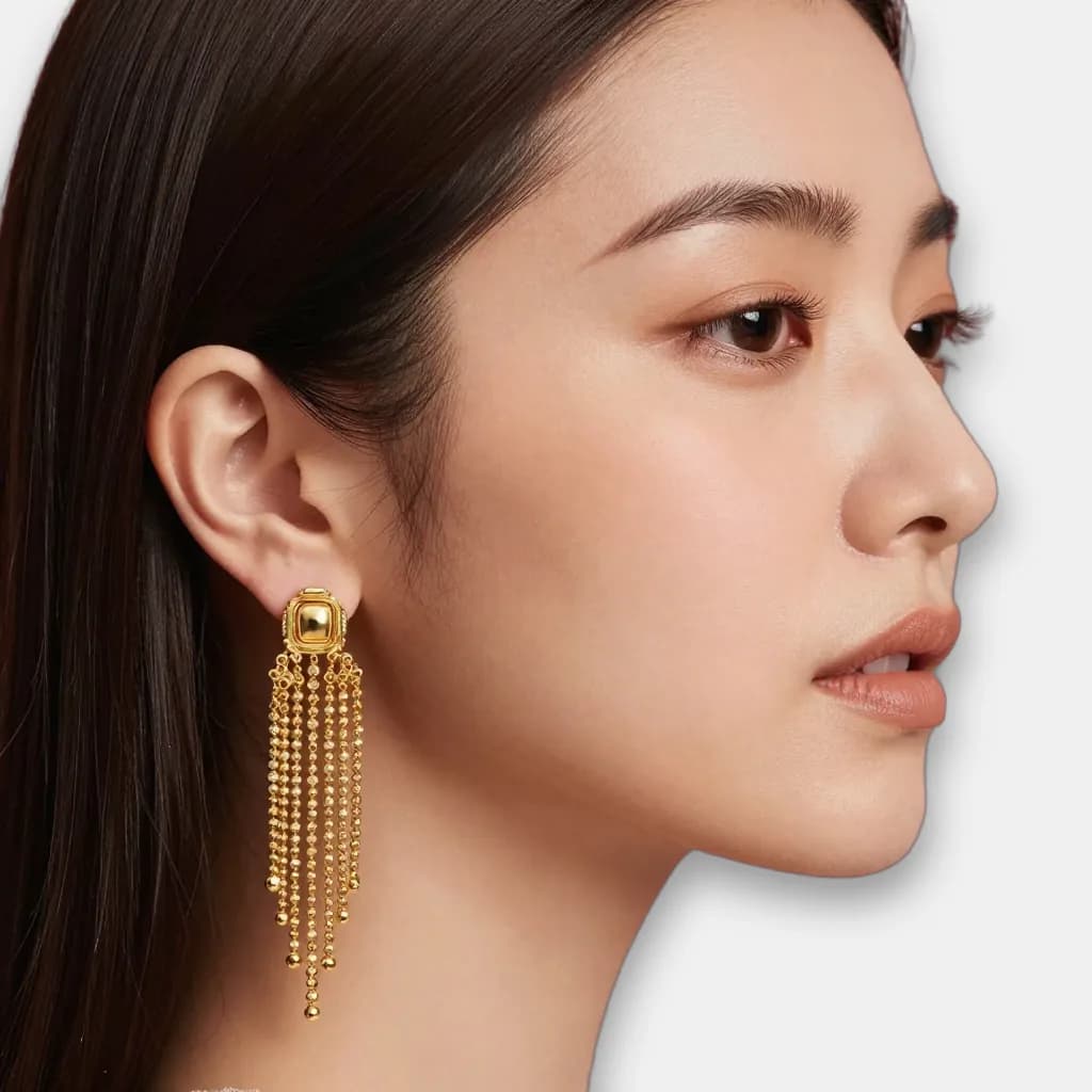 Tindra, gold earrings, editorial, an AI-generated on-model image by ImagePipeline